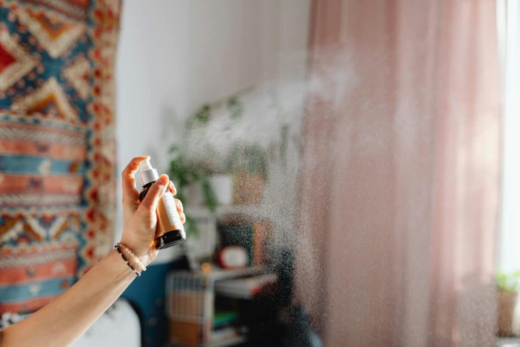 Woman Using Room Spray in her Flat